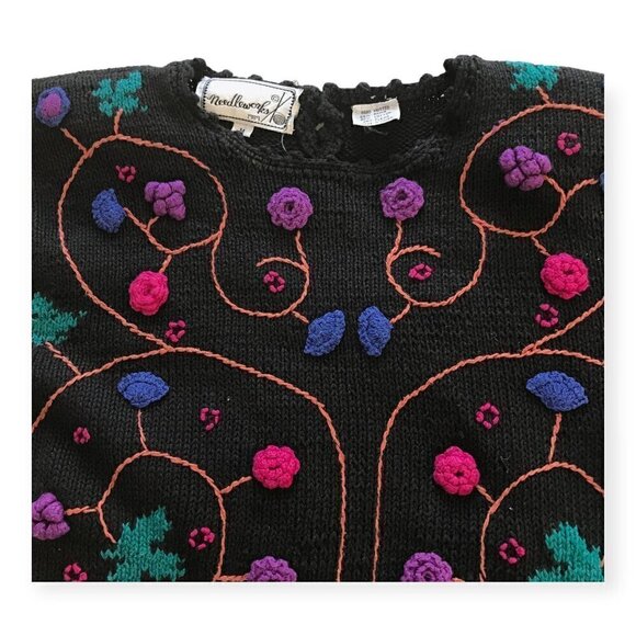 Vintage Needleworks hand knitted chunky cotton sweater, Flower Embroideries,  si - Picture 13 of 15